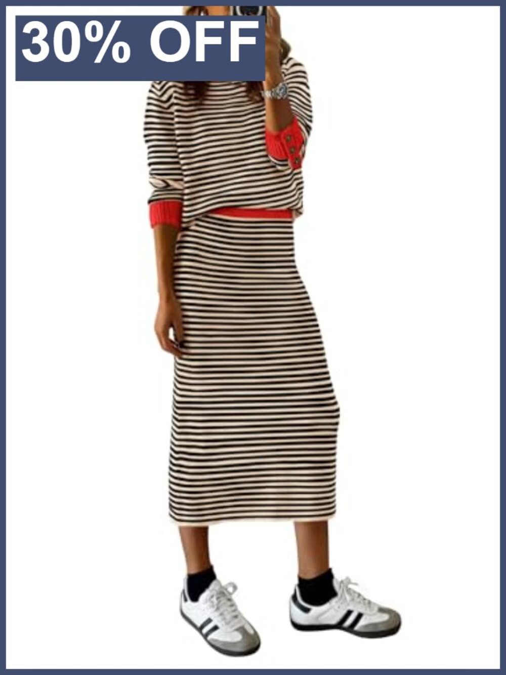 Striped Knit 2-Piece Sweater Skirt Set Long Sleeve Pullover Midi Pencil